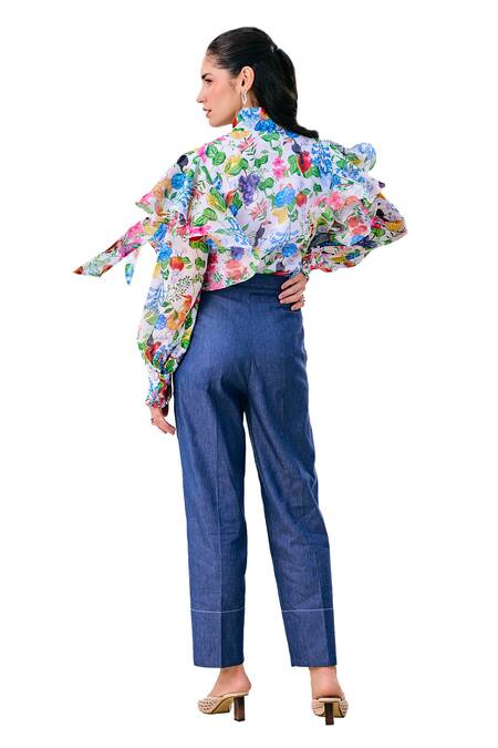 House Of Zeniaa_White Organza Bloom Print Top_Online_at_Aza_Fashions