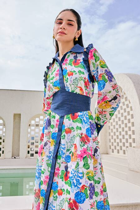 House Of Zeniaa_White Georgette, Denim Collared Gardenia Print Midi Shirt Dress_Online_at_Aza_Fashions