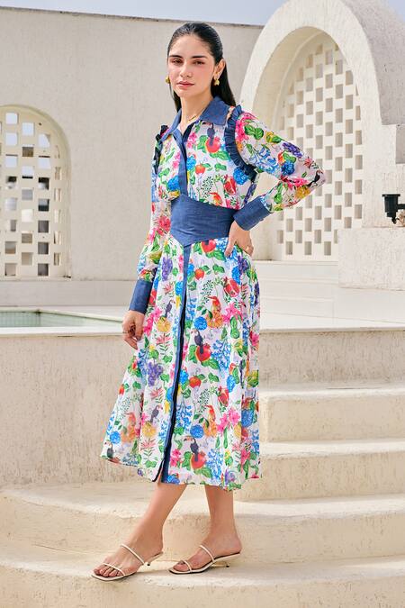 Buy_House Of Zeniaa_White Georgette, Denim Collared Gardenia Print Midi Shirt Dress_Online_at_Aza_Fashions