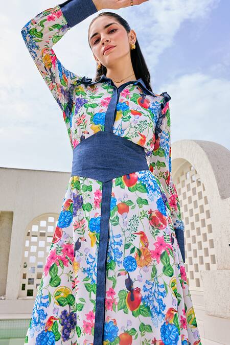 Shop_House Of Zeniaa_White Georgette, Denim Collared Gardenia Print Midi Shirt Dress_Online_at_Aza_Fashions