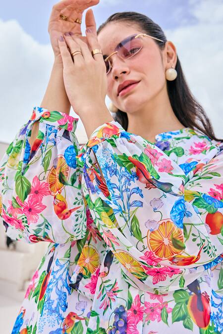 House Of Zeniaa_White Organza Mandarin Collar Mix Gardenia Print Short A Line Dress_at_Aza_Fashions