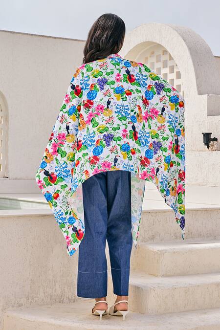 Shop House Of Zeniaa White Crepe, Denim Mandarin Botanic Gardenia Print Kaftan Shirt With Pant at Aza Fashions Shop_House Of Zeniaa_White Crepe, Denim Mandarin Botanic Gardenia Print Kaftan Shirt With Pant_at_Aza_Fashions