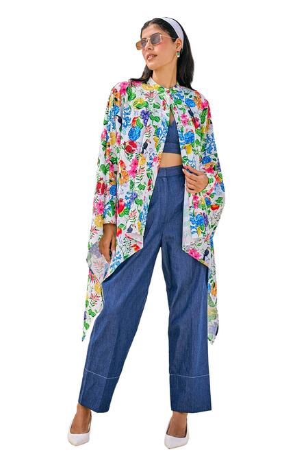Buy House Of Zeniaa White Crepe, Denim Mandarin Botanic Gardenia Print Kaftan Shirt With Pant Online at Aza Fashions Buy_House Of Zeniaa_White Crepe, Denim Mandarin Botanic Gardenia Print Kaftan Shirt With Pant_Online_at_Aza_Fashions