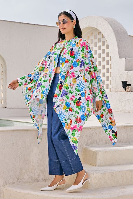 Buy House Of Zeniaa White Crepe, Denim Mandarin Botanic Gardenia Print Kaftan Shirt With Pant Buy_House Of Zeniaa_White Crepe, Denim Mandarin Botanic Gardenia Print Kaftan Shirt With Pant