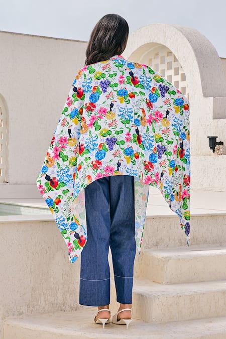 Shop House Of Zeniaa White Crepe Mandarin Collar Botanic Gardenia Print Kaftan Shirt at Aza Fashions Shop_House Of Zeniaa_White Crepe Mandarin Collar Botanic Gardenia Print Kaftan Shirt_at_Aza_Fashions