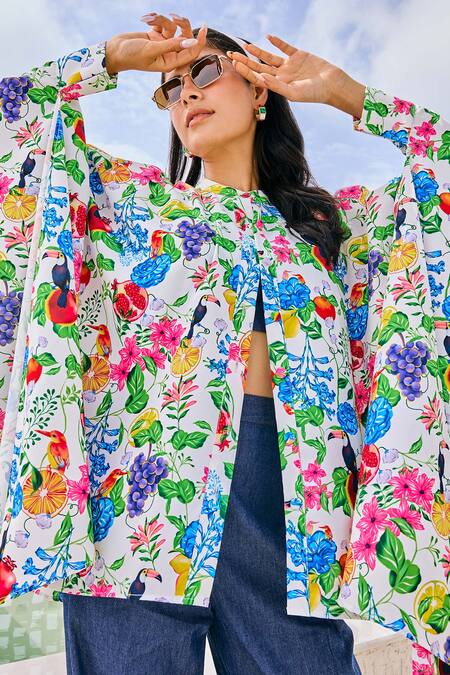 House Of Zeniaa White Crepe Mandarin Collar Botanic Gardenia Print Kaftan Shirt Online at Aza Fashions House Of Zeniaa_White Crepe Mandarin Collar Botanic Gardenia Print Kaftan Shirt_Online_at_Aza_Fashions