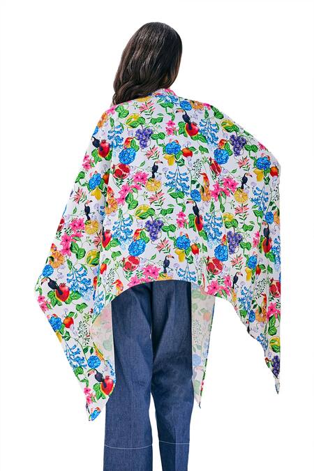 Buy House Of Zeniaa White Crepe Mandarin Collar Botanic Gardenia Print Kaftan Shirt Buy_House Of Zeniaa_White Crepe Mandarin Collar Botanic Gardenia Print Kaftan Shirt