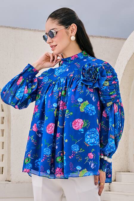 House Of Zeniaa_Blue Crepe, Georgette, Bloom Applique Embellished Floral Print Top With Pant_Online_at_Aza_Fashions