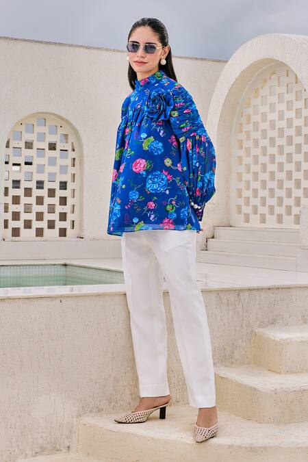 Shop_House Of Zeniaa_Blue Crepe, Georgette, Bloom Applique Embellished Floral Print Top With Pant_Online_at_Aza_Fashions