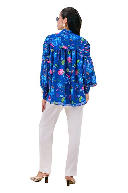 House Of Zeniaa_Blue Crepe, Georgette, Bloom Applique Embellished Floral Print Top With Pant_at_Aza_Fashions