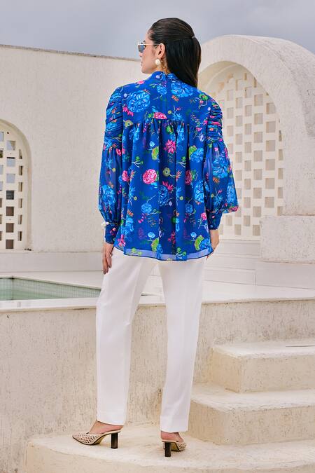 Shop House Of Zeniaa Blue Georgette Applique Bandeau Neck Bloom Embellished Floral Print Top at Aza Fashions Shop_House Of Zeniaa_Blue Georgette Applique Bandeau Neck Bloom Embellished Floral Print Top_at_Aza_Fashions