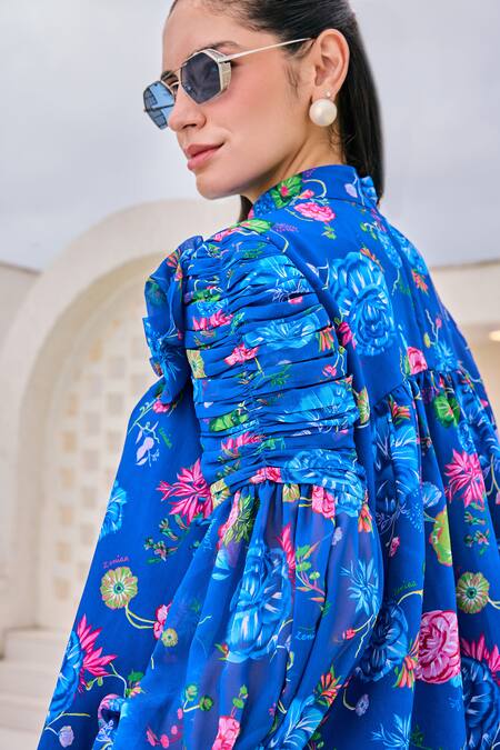 House Of Zeniaa Blue Georgette Applique Bandeau Neck Bloom Embellished Floral Print Top Online at Aza Fashions House Of Zeniaa_Blue Georgette Applique Bandeau Neck Bloom Embellished Floral Print Top_Online_at_Aza_Fashions