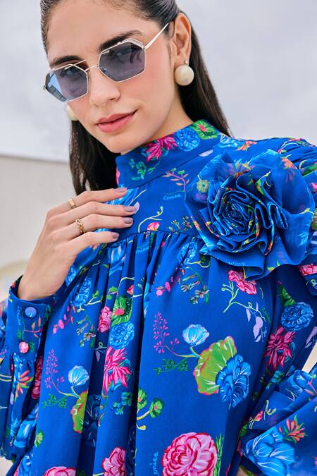 Buy House Of Zeniaa Blue Georgette Applique Bandeau Neck Bloom Embellished Floral Print Top Online at Aza Fashions Buy_House Of Zeniaa_Blue Georgette Applique Bandeau Neck Bloom Embellished Floral Print Top_Online_at_Aza_Fashions