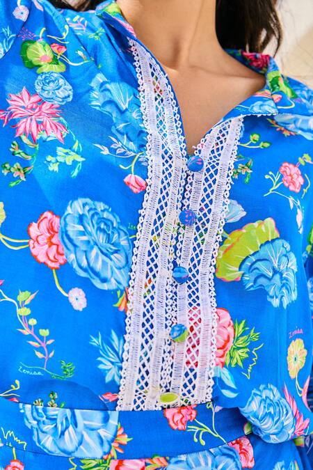 Buy House Of Zeniaa Blue Cotton, Muslin Lace Collared Iris Bloom Print Top Online at Aza Fashions Buy_House Of Zeniaa_Blue Cotton, Muslin Lace Collared Iris Bloom Print Top_Online_at_Aza_Fashions