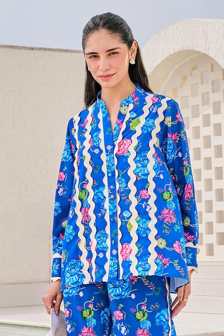 House of Zeniaa Blue Butter Crepe Print Botanic Flora Mandarin Collar Top 