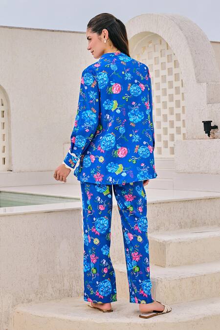 Shop House Of Zeniaa Blue Lace Mandarin Collar Botanic Flora Print Top at Aza Fashions Shop_House Of Zeniaa_Blue Lace Mandarin Collar Botanic Flora Print Top_at_Aza_Fashions