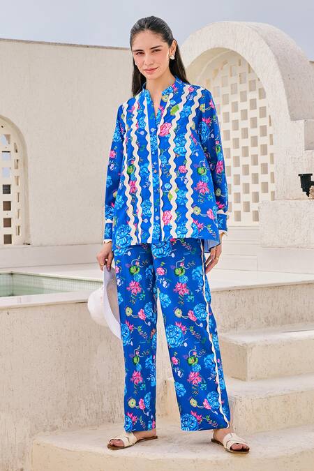 House Of Zeniaa Blue Lace Mandarin Collar Botanic Flora Print Top Online at Aza Fashions House Of Zeniaa_Blue Lace Mandarin Collar Botanic Flora Print Top_Online_at_Aza_Fashions