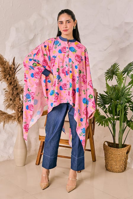 House of Zeniaa Pink Butter Crepe Printed Floral Band Collar Asymmetric Kaftan Top And Pant Set 