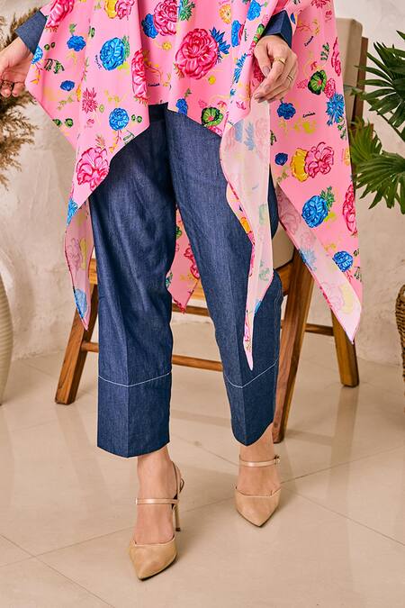 Buy_House Of Zeniaa_Pink Denim, Crepe Embroidery Asymmetric Floral Print Kaftan Top And Pant Set_Online_at_Aza_Fashions