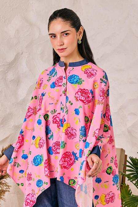 Shop_House Of Zeniaa_Pink Denim, Crepe Embroidery Asymmetric Floral Print Kaftan Top And Pant Set_Online_at_Aza_Fashions