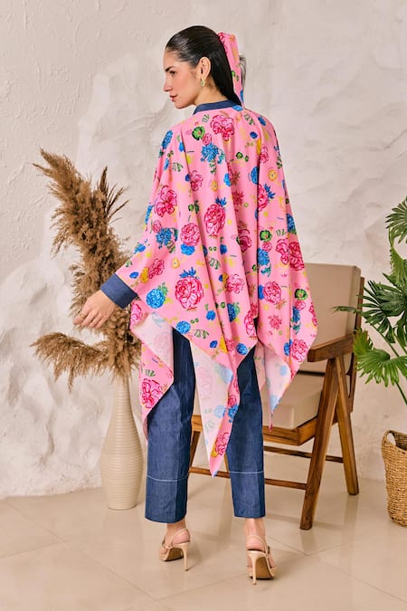 Shop House Of Zeniaa Pink Denim, Crepe Bandeau Neck Floral Print Kaftan Top at Aza Fashions Shop_House Of Zeniaa_Pink Denim, Crepe Bandeau Neck Floral Print Kaftan Top_at_Aza_Fashions