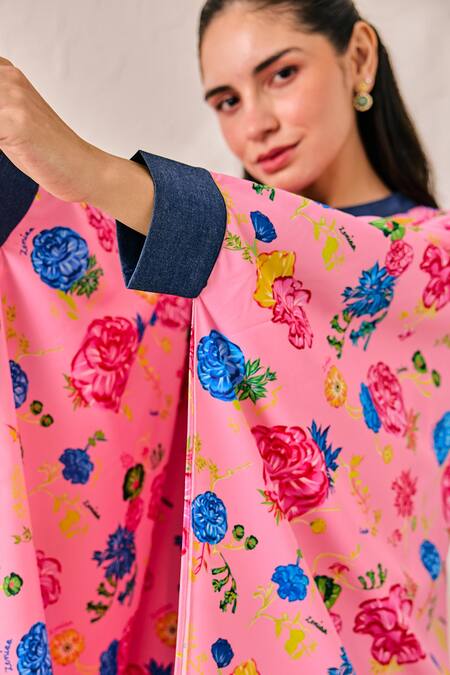 Buy House Of Zeniaa Pink Denim, Crepe Bandeau Neck Floral Print Kaftan Top Online at Aza Fashions Buy_House Of Zeniaa_Pink Denim, Crepe Bandeau Neck Floral Print Kaftan Top_Online_at_Aza_Fashions