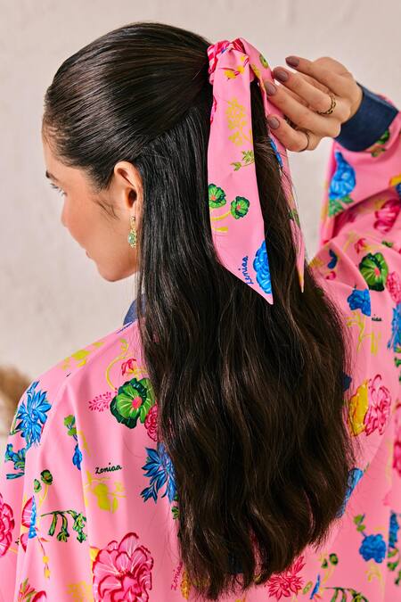 Shop House Of Zeniaa Pink Denim, Crepe Bandeau Neck Floral Print Kaftan Top Online at Aza Fashions Shop_House Of Zeniaa_Pink Denim, Crepe Bandeau Neck Floral Print Kaftan Top_Online_at_Aza_Fashions