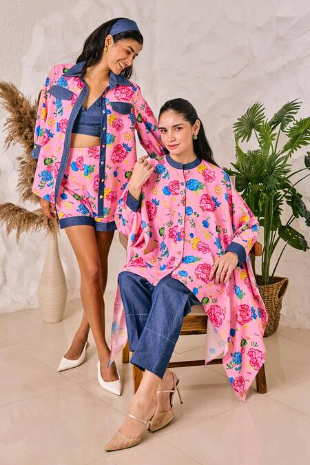 Buy House Of Zeniaa Pink Denim, Crepe Bandeau Neck Floral Print Kaftan Top Buy_House Of Zeniaa_Pink Denim, Crepe Bandeau Neck Floral Print Kaftan Top