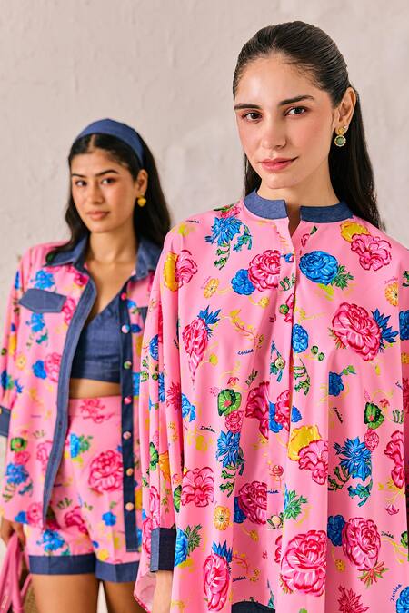 Shop House Of Zeniaa Pink Denim, Crepe Bandeau Neck Floral Print Kaftan Top Shop_House Of Zeniaa_Pink Denim, Crepe Bandeau Neck Floral Print Kaftan Top