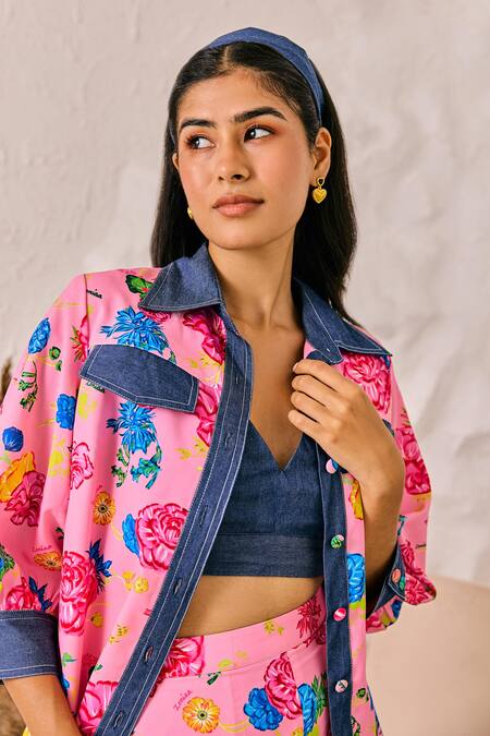 House Of Zeniaa Pink Denim, Crepe Collared Floral Print Button Shirt Online at Aza Fashions House Of Zeniaa_Pink Denim, Crepe Collared Floral Print Button Shirt_Online_at_Aza_Fashions
