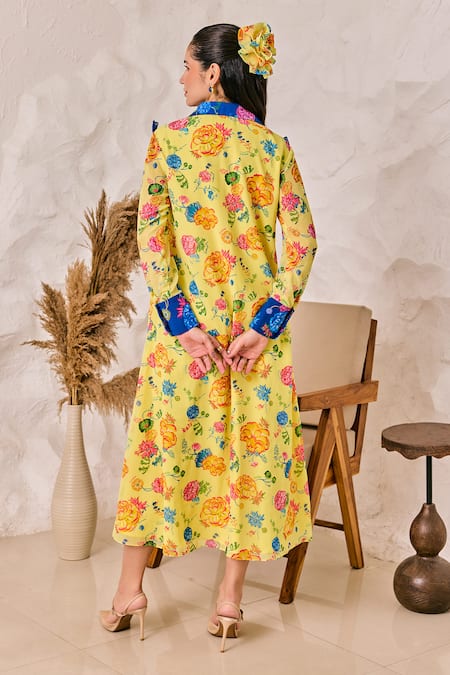 Shop House Of Zeniaa Yellow Georgette Collared Floral Print Midi Dress at Aza Fashions Shop_House Of Zeniaa_Yellow Georgette Collared Floral Print Midi Dress_at_Aza_Fashions