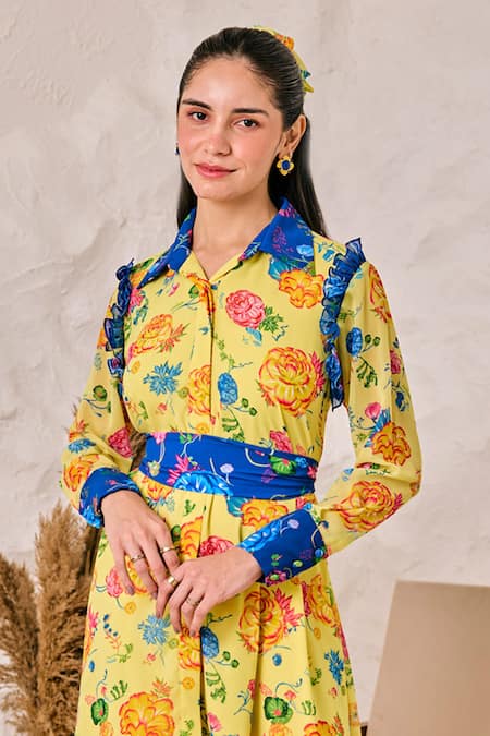 House Of Zeniaa Yellow Georgette Collared Floral Print Midi Dress Online at Aza Fashions House Of Zeniaa_Yellow Georgette Collared Floral Print Midi Dress_Online_at_Aza_Fashions