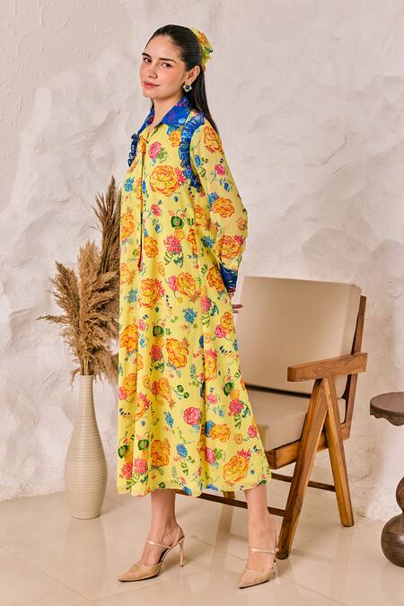 Buy House Of Zeniaa Yellow Georgette Collared Floral Print Midi Dress Online at Aza Fashions Buy_House Of Zeniaa_Yellow Georgette Collared Floral Print Midi Dress_Online_at_Aza_Fashions