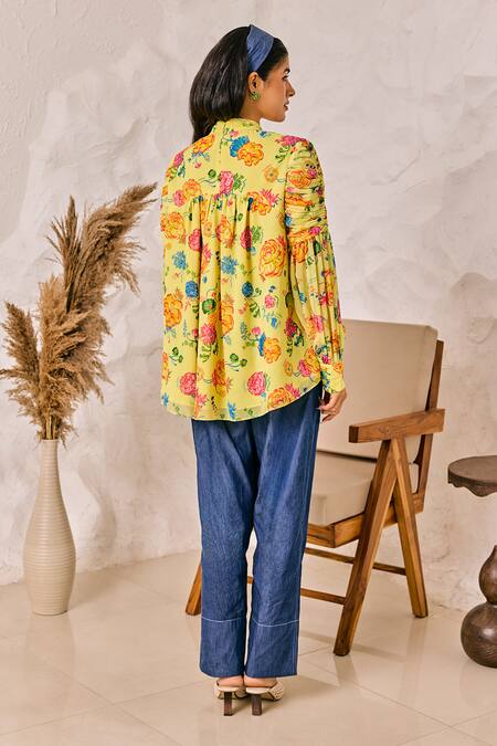 Shop House Of Zeniaa Yellow Georgette, Denim Round Neck Floral Print Top And Pant Set at Aza Fashions Shop_House Of Zeniaa_Yellow Georgette, Denim Round Neck Floral Print Top And Pant Set_at_Aza_Fashions