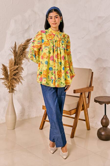 House Of Zeniaa Yellow Georgette, Denim Round Neck Floral Print Top And Pant Set Online at Aza Fashions House Of Zeniaa_Yellow Georgette, Denim Round Neck Floral Print Top And Pant Set_Online_at_Aza_Fashions