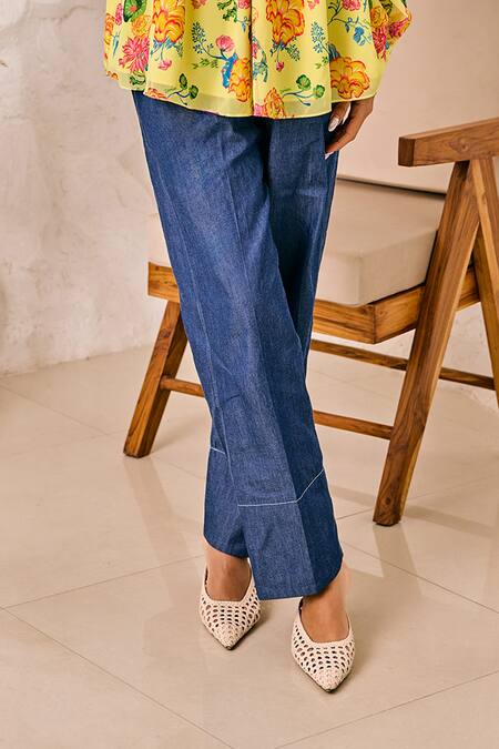 Buy House Of Zeniaa Yellow Georgette, Denim Round Neck Floral Print Top And Pant Set Online at Aza Fashions Buy_House Of Zeniaa_Yellow Georgette, Denim Round Neck Floral Print Top And Pant Set_Online_at_Aza_Fashions