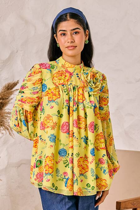 Shop House Of Zeniaa Yellow Georgette, Denim Round Neck Floral Print Top And Pant Set Online at Aza Fashions Shop_House Of Zeniaa_Yellow Georgette, Denim Round Neck Floral Print Top And Pant Set_Online_at_Aza_Fashions