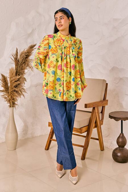 Buy House Of Zeniaa Yellow Georgette, Denim Round Neck Floral Print Top And Pant Set Buy_House Of Zeniaa_Yellow Georgette, Denim Round Neck Floral Print Top And Pant Set