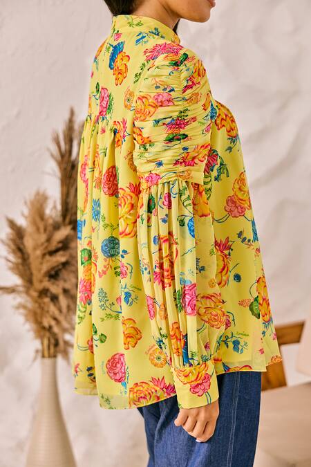 House Of Zeniaa_Yellow Georgette, Denim Embroidery High Neck Floral Print Top_Online_at_Aza_Fashions