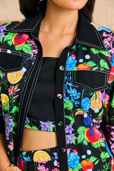 House Of Zeniaa Black Collared Floral Print Button Down Shirt Online at Aza Fashions House Of Zeniaa_Black Collared Floral Print Button Down Shirt_Online_at_Aza_Fashions