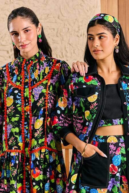 Buy_House Of Zeniaa_Black Cotton, Muslin Embroidery Bandeau Neck Floral Print Short Dress_Online_at_Aza_Fashions