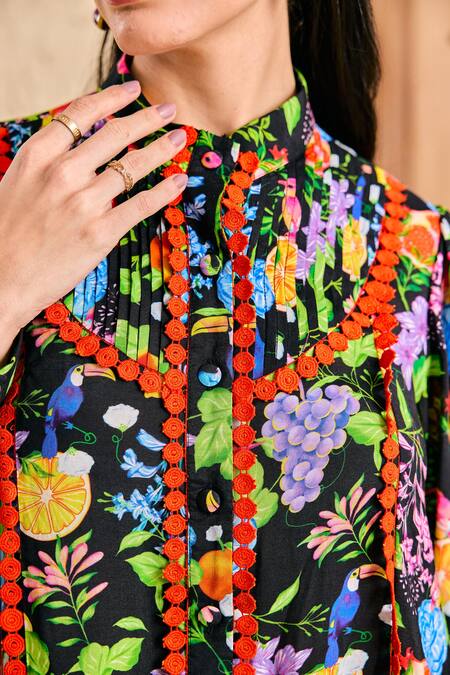 Buy_House Of Zeniaa_Black Cotton, Muslin Embroidery Bandeau Neck Floral Print Short Dress