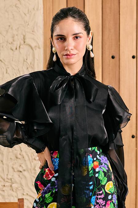 House Of Zeniaa Black Organza, Crepe Ruffles Top And Skort Set Online at Aza Fashions House Of Zeniaa_Black Organza, Crepe Ruffles Top And Skort Set_Online_at_Aza_Fashions