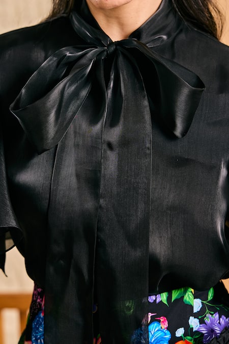 House Of Zeniaa_Black Organza Ruffled Top_Online_at_Aza_Fashions