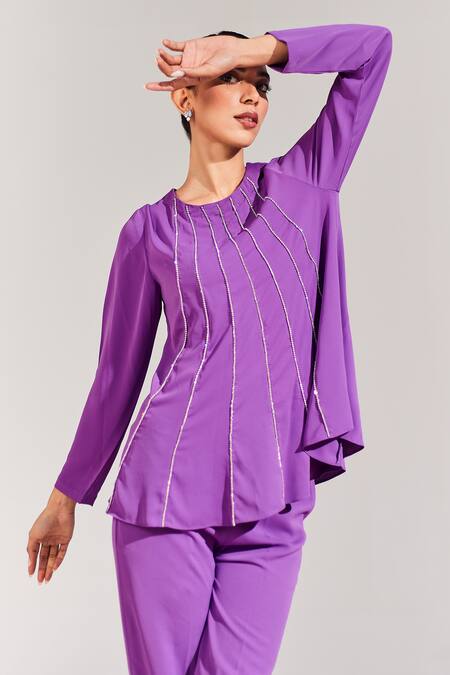 House Of Zeniaa_Purple Crepe Rhinestones Round Neck Limelight Embellished Top_Online_at_Aza_Fashions