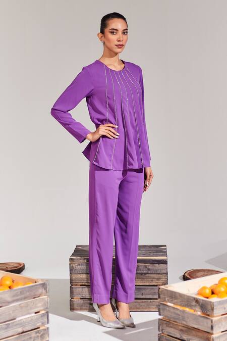 Shop_House Of Zeniaa_Purple Crepe Rhinestones Round Neck Limelight Embellished Top_Online_at_Aza_Fashions