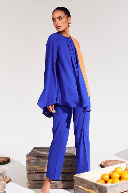 House Of Zeniaa Blue Crepe Stones Round Neck The Classic Colour Block Top Online at Aza Fashions House Of Zeniaa_Blue Crepe Stones Round Neck The Classic Colour Block Top_Online_at_Aza_Fashions