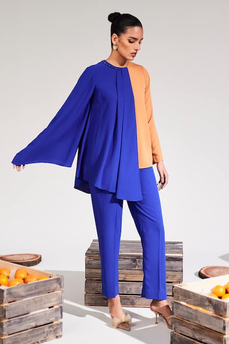 House of Zeniaa Blue Soft Crepe Embellished Stone Round The Classic Colour Block Top With Pant 