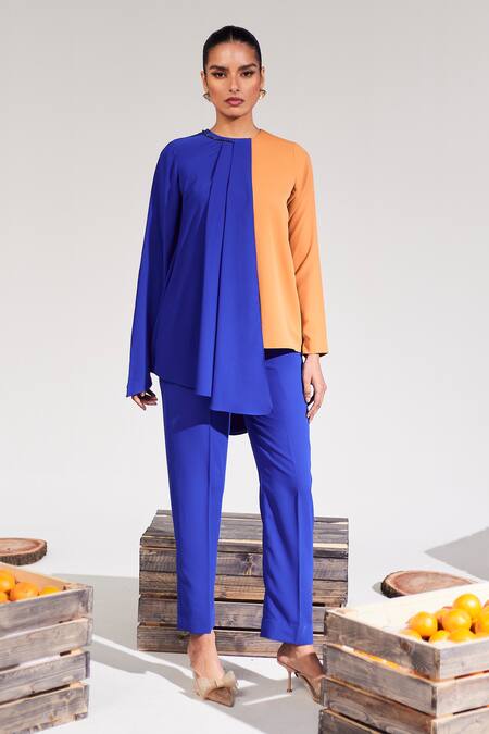 House Of Zeniaa_Blue Crepe Stones Round Neck The Classic Colour Block Top With Pant_at_Aza_Fashions