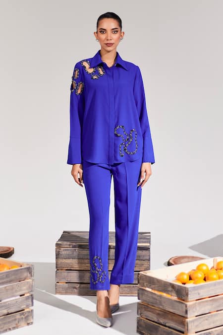 House of Zeniaa Blue Soft Crepe Embellished Bead Shirt Collar Abstract Cut-out 